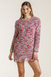 Umgee Full Size Distressed Hem Multicolored Round Neck Knit Tunic Dress Plus Size OutfitFlow